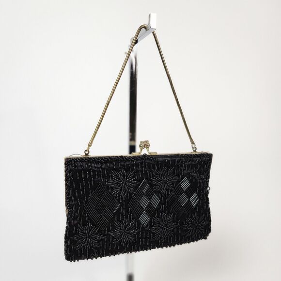 VTG Black Small Beaded Purse Womens Handbag 1920s Flapper Gir Made In‎ Hong Kong - Picture 1 of 16